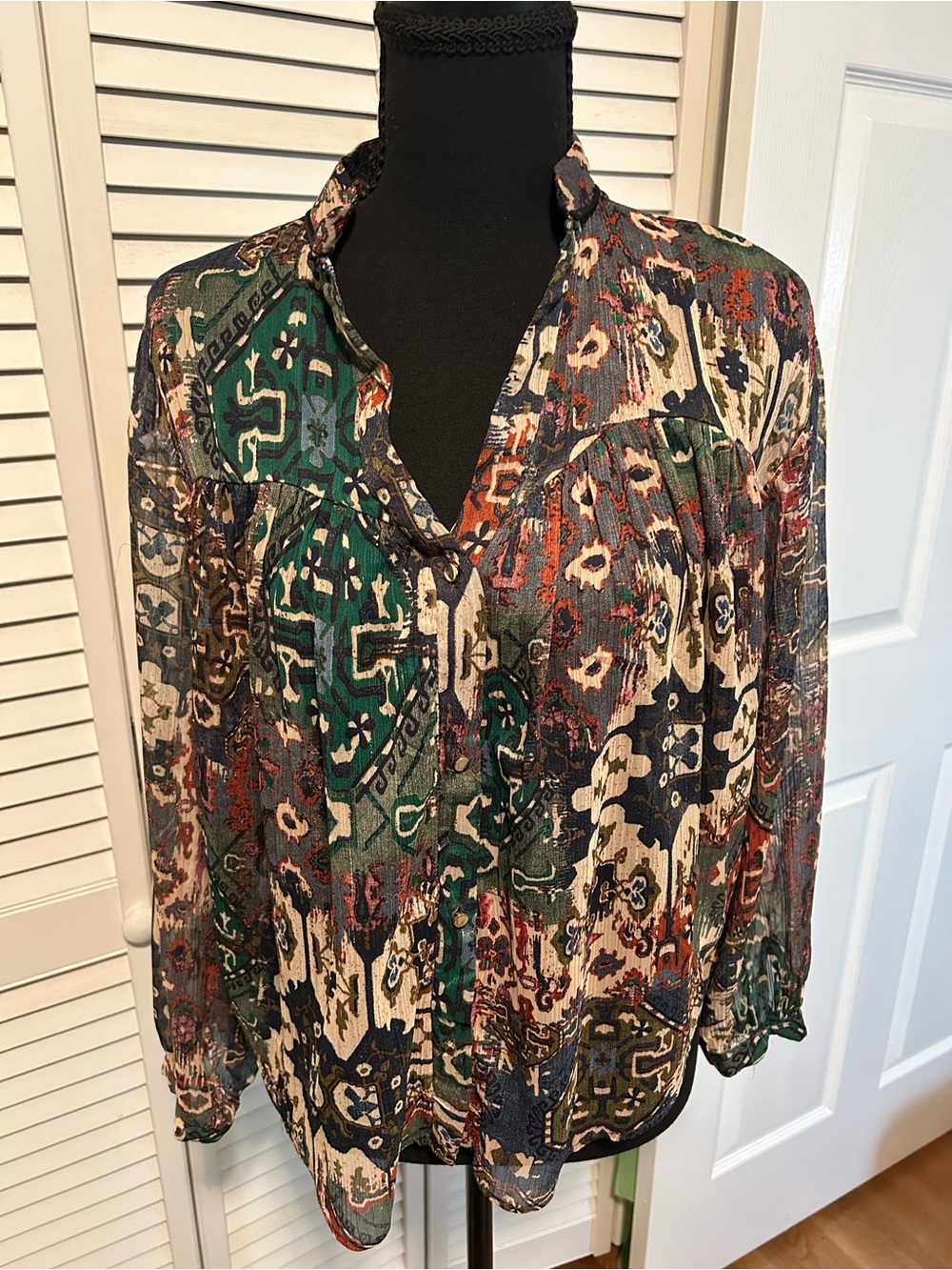 Boho Printed Sheer Peasant Blouse - Green Multi